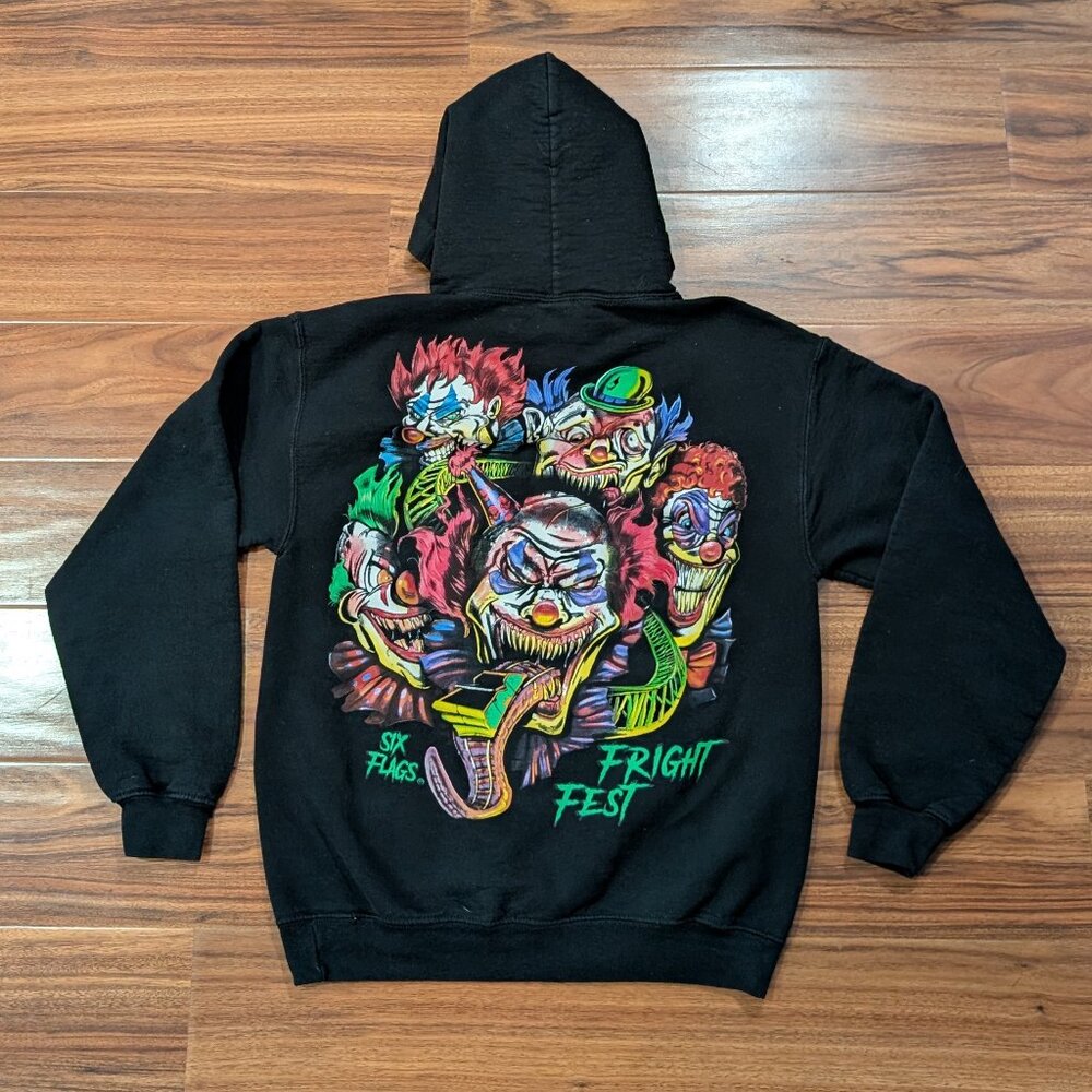 Six Flags Fright Fest Hoodie Sweatshirt Clown Halloween Sz S Great Adventure - Picture 2 of 11